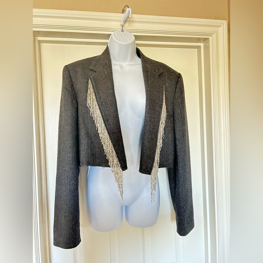 Free People Cropped Fringe Jacket, NWOT, Size M, Color Grey